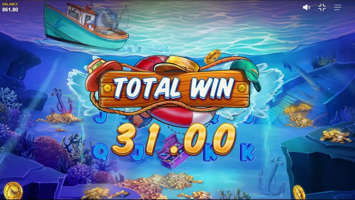 Shark Boss slot game interface showing the shark in a boat