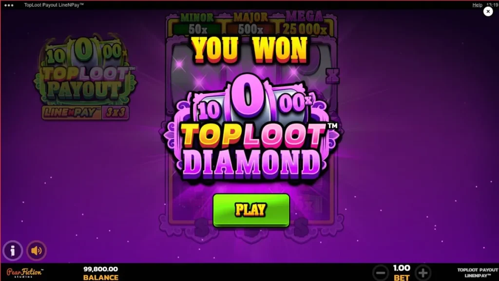 Tampilan antarmuka slot TopLoot Payout LineNPay dengan tema harta karun